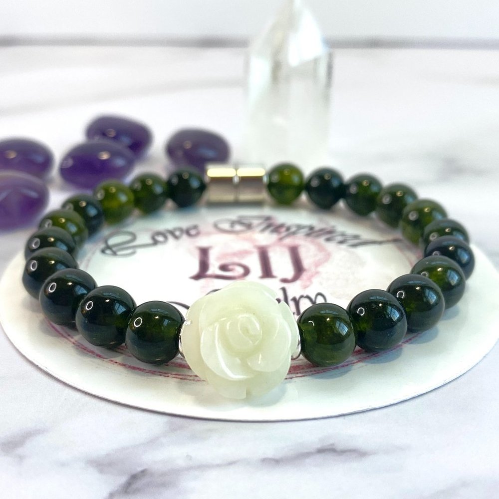 Natural Dark Moss Green Jade Bracelet for Women, with Light green Jade Rose